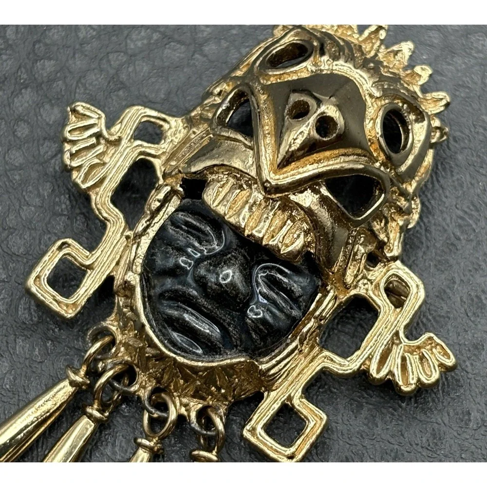 Vintage Salvador Teran Mexico Marbel Pendant Brooch Pin Mayan Mask Face Dangle